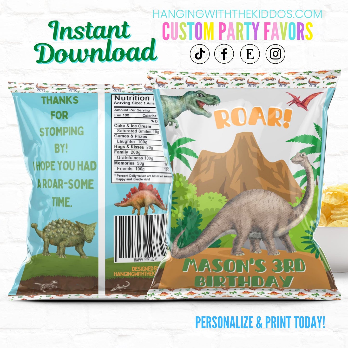 Dinosaur Birthday Party Favor Personalized Chip Bag Instant