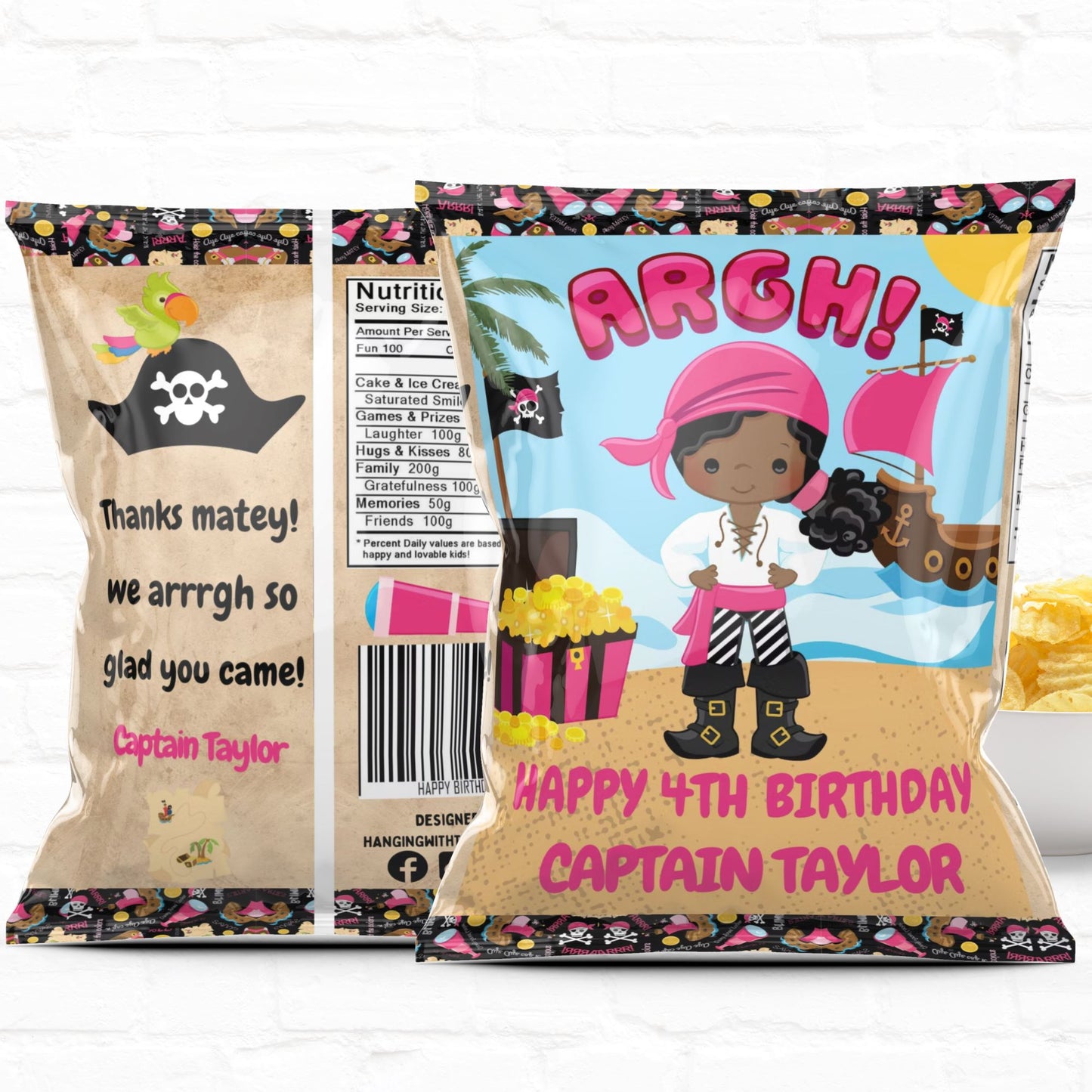 Girl Pirate Birthday Party Favors Personalized Chip Bags Instant Download