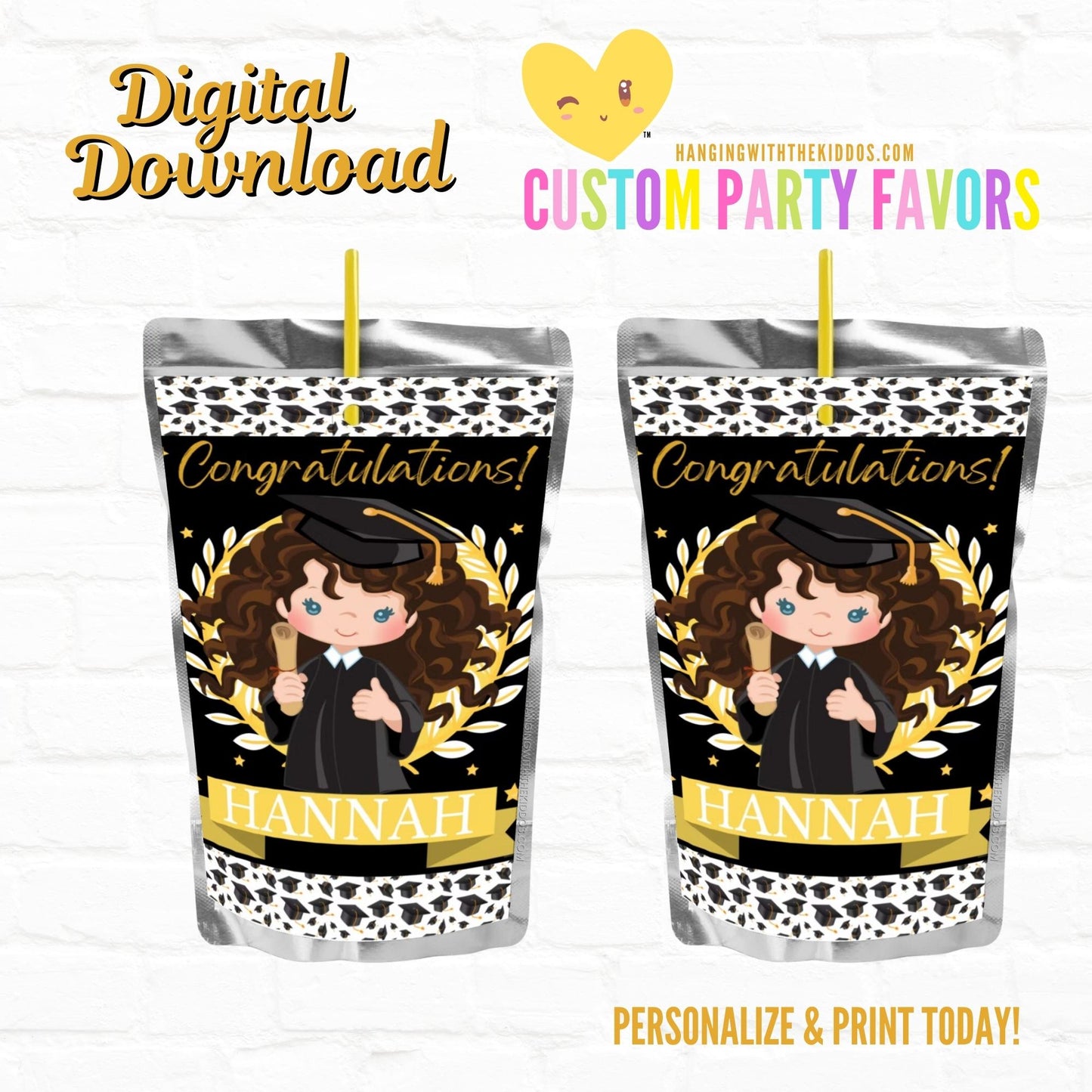 Graduation Party Personalized Juice Pouch Labels|Printable File Girl 04