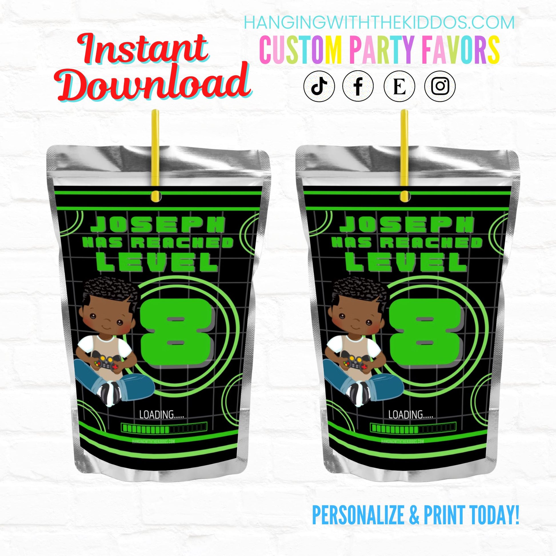 Video Game Birthday Party Personalized Juice Pouch Labels| Instant Download