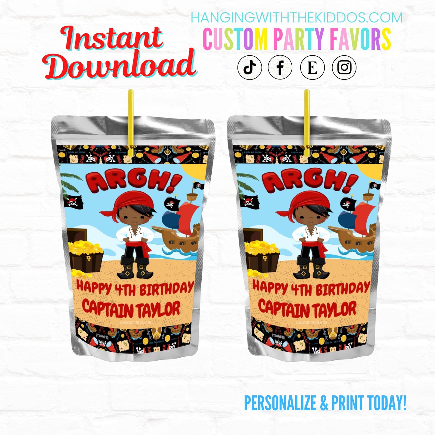 Pirate Birthday Personalized Juice Pouch Labels| Instant Download