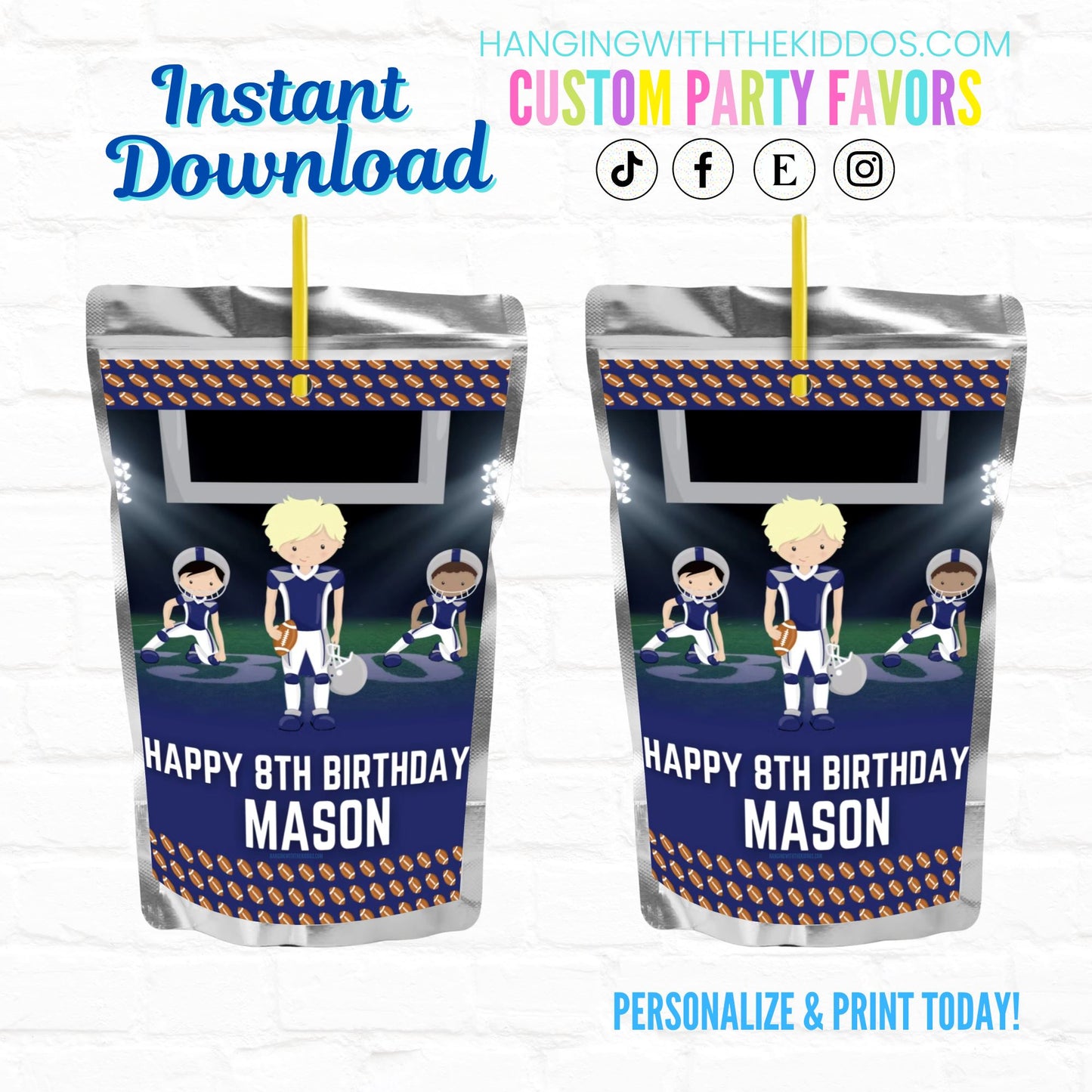 Football Birthday Personalized Juice Pouch Labels| Instant Download 03