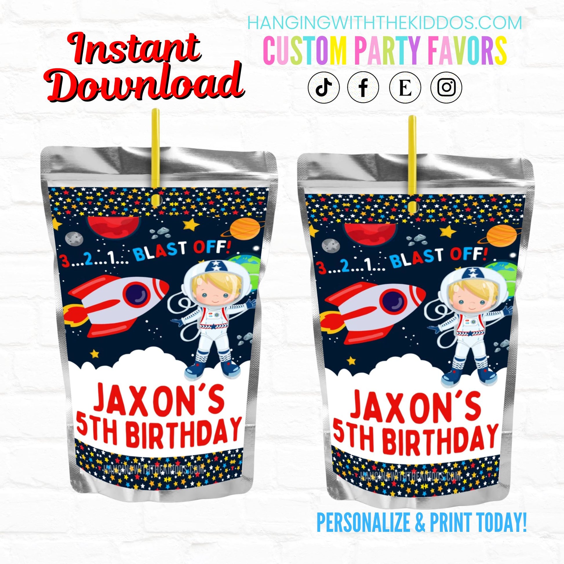 Space Birthday Astronaut Personalized Juice Pouch Labels|Instant Download 02
