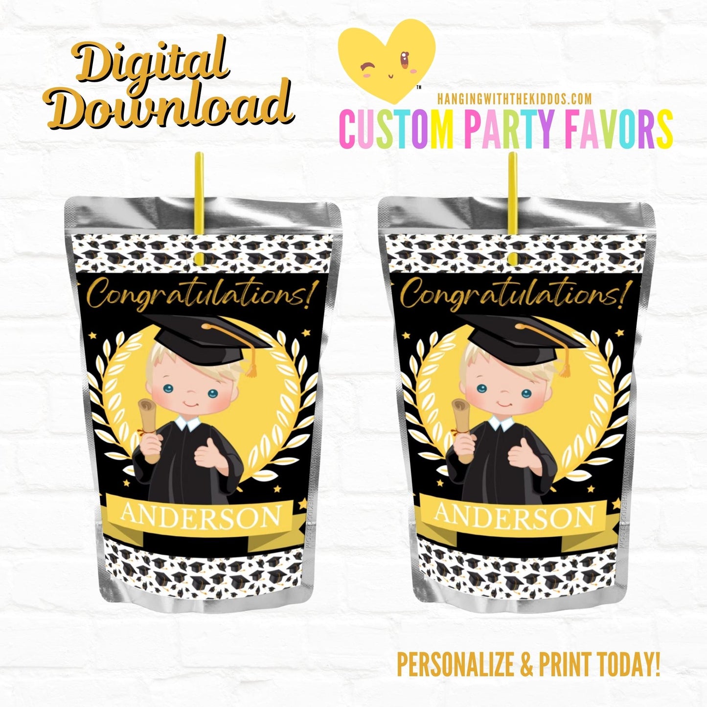Graduation Personalized Party Favors Juice Pouch Labels-Printable File Boy 03