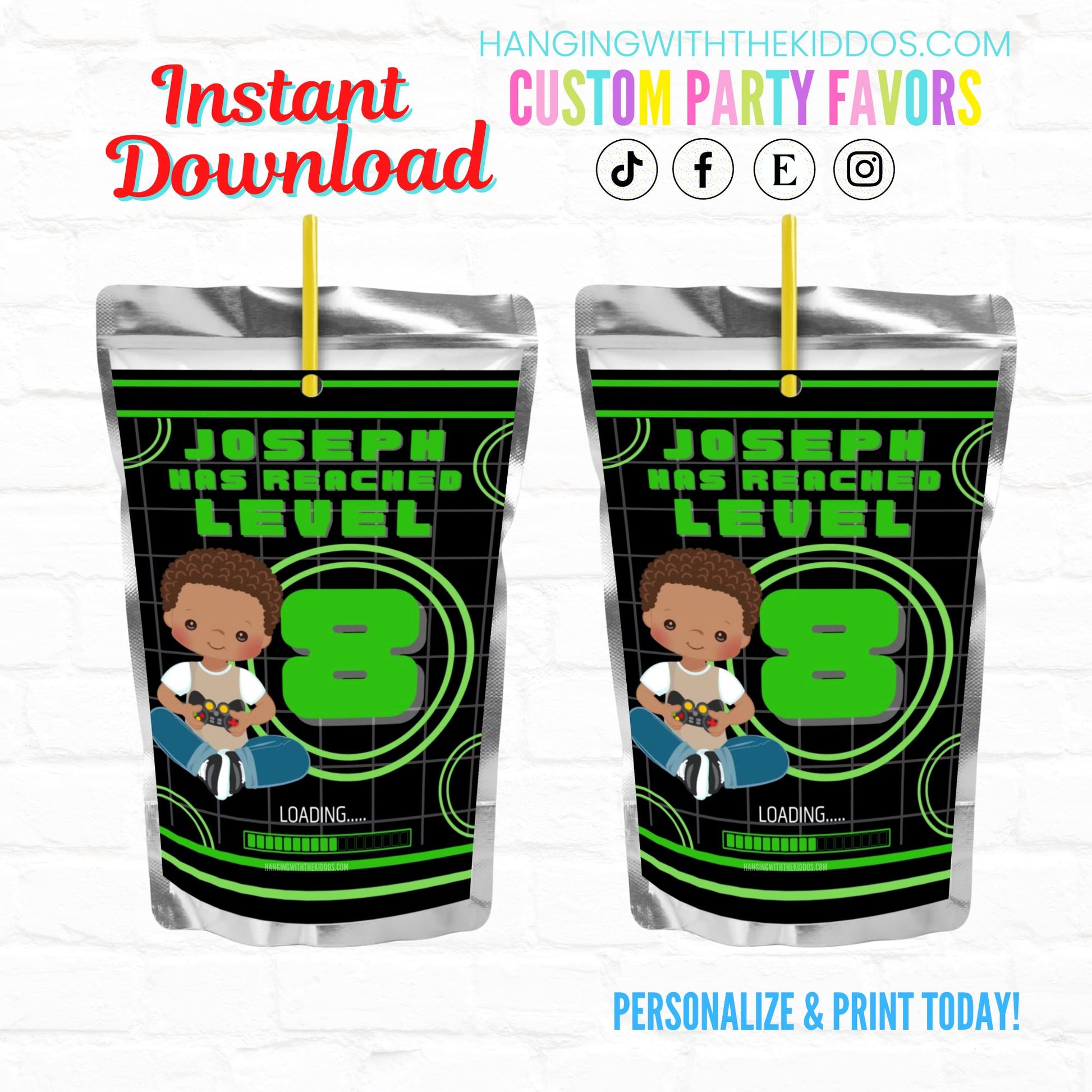 Video Game Birthday Party Personalized Juice Pouch Labels| Instant Download 02