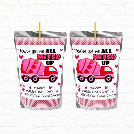 Construction Truck  Personalized Valentine's Day Juice Pouch Labels