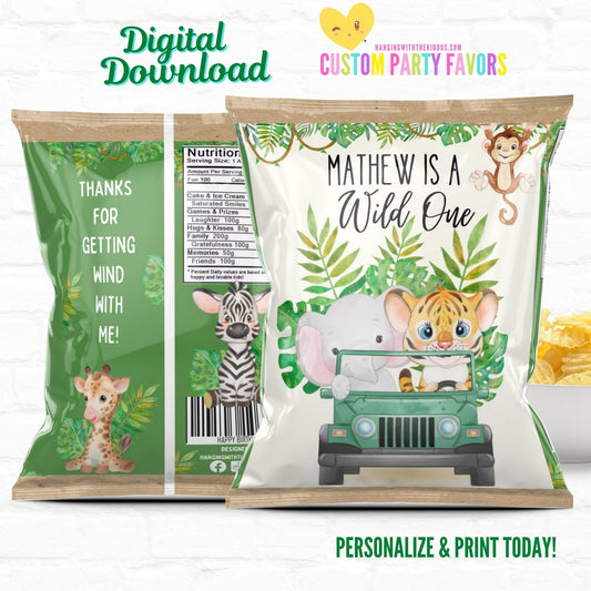 Safari Birthday Wild One Party Favor Personalized Chip Bag| Instant Download