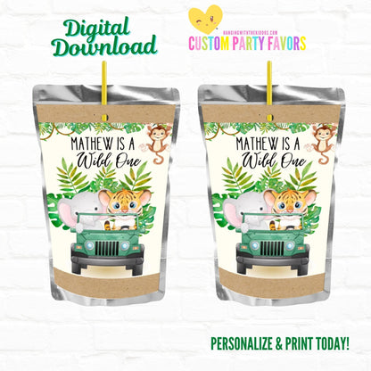 Safari Birthday Personalized Juice Pouch Labels| Instant Download