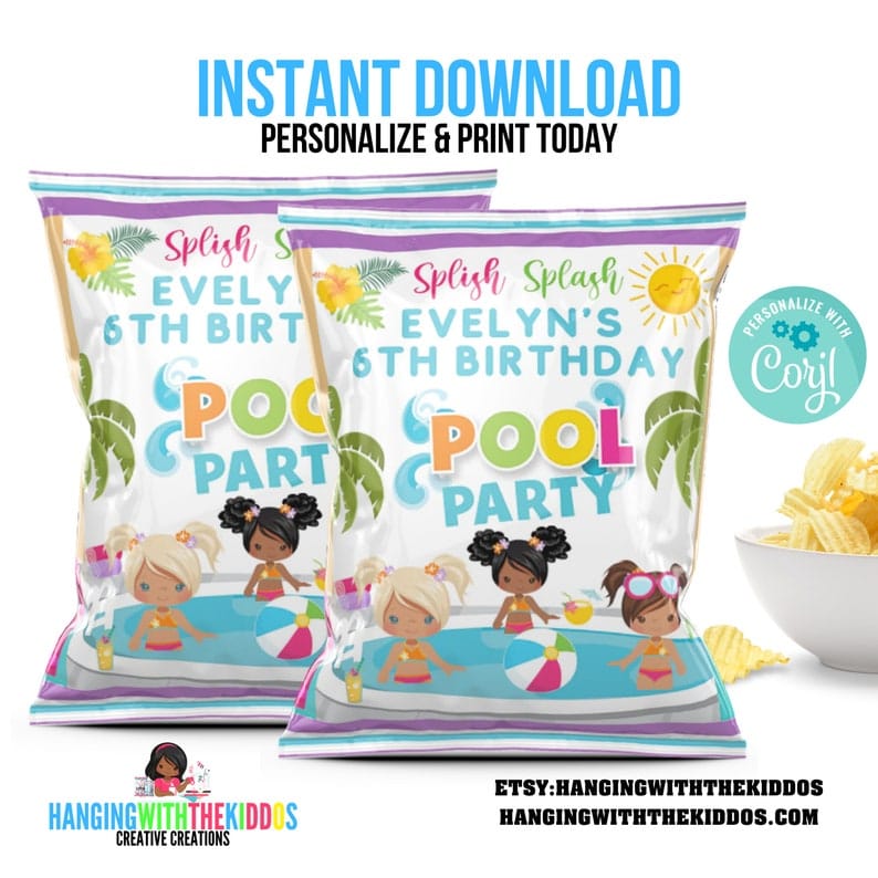 Pool Party Chip Bags Party Favors Bags| Summer Party Goodie bags Personalize & Print Today Get your Instant Download Now!