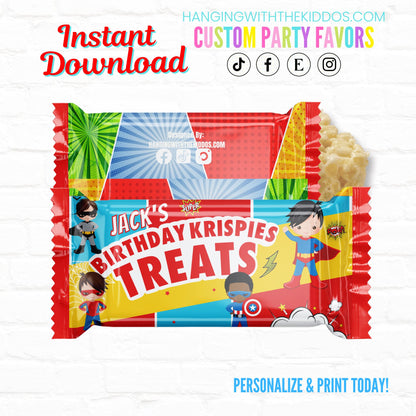 Superhero Birthday Personalized Rice Krispy Treats Wrappers| Instant Download